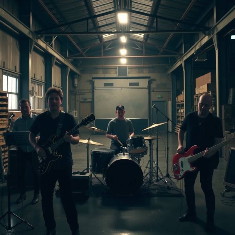 A band performing a music video shoot in the Industrial Warehouse.