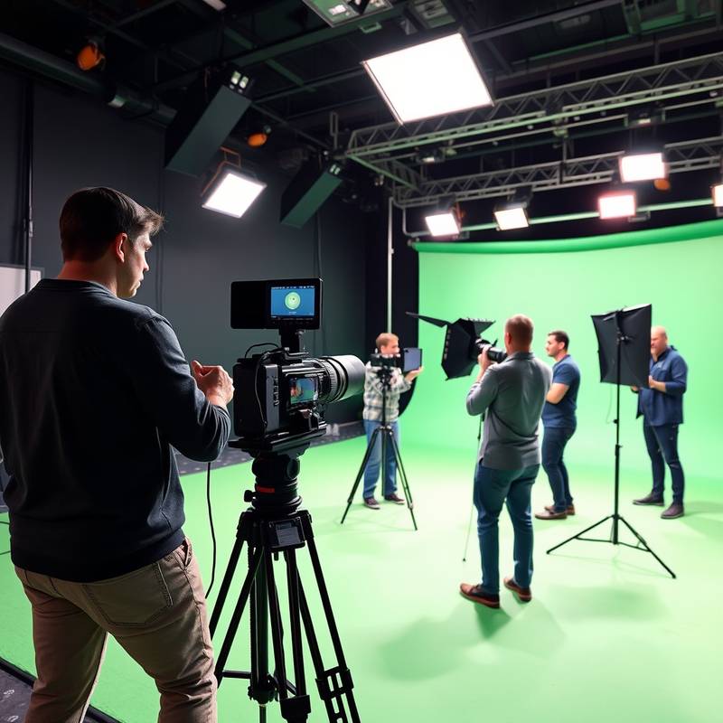 A video production crew filming a scene in the Chroma Key Studio.