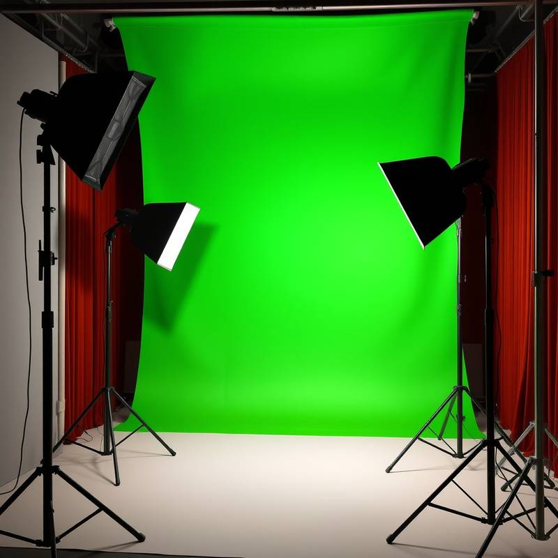 Green screen studio equipped with professional lighting and seamless backdrop for video compositing.