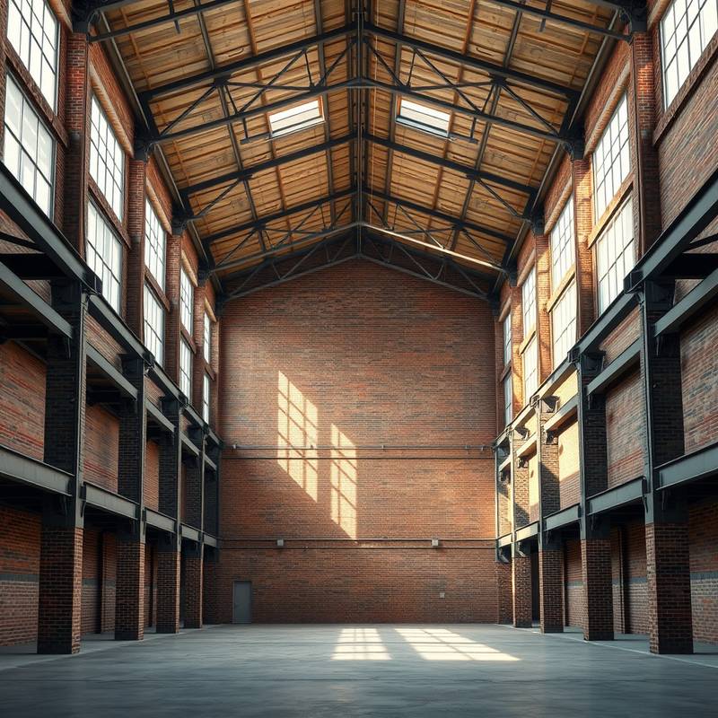 Interior of the Industrial Warehouse showcasing its high ceilings and exposed brick.