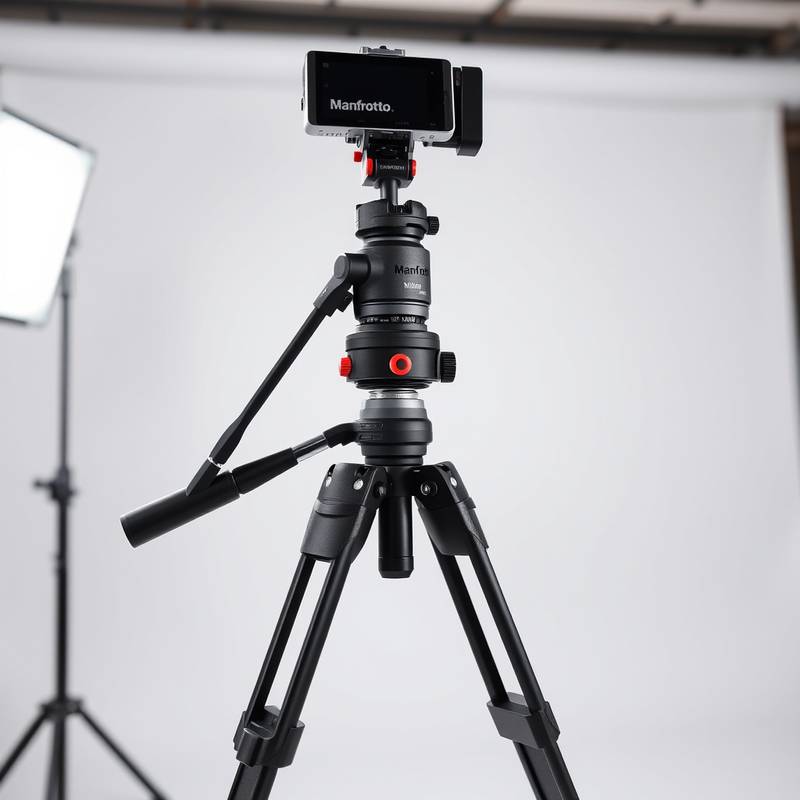 Manfrotto tripod with fluid head for smooth video recording.
