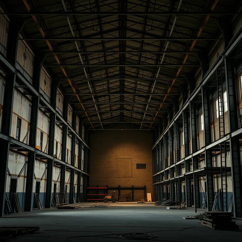 Set construction in progress inside the Industrial Warehouse.